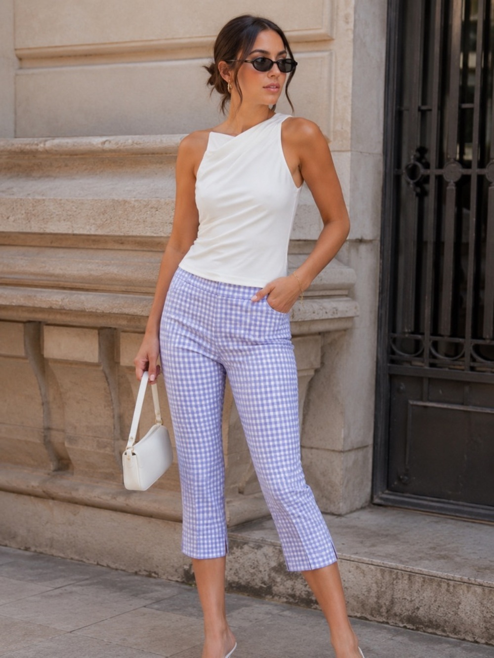 Zara Lavender Gingham Cropped Capris